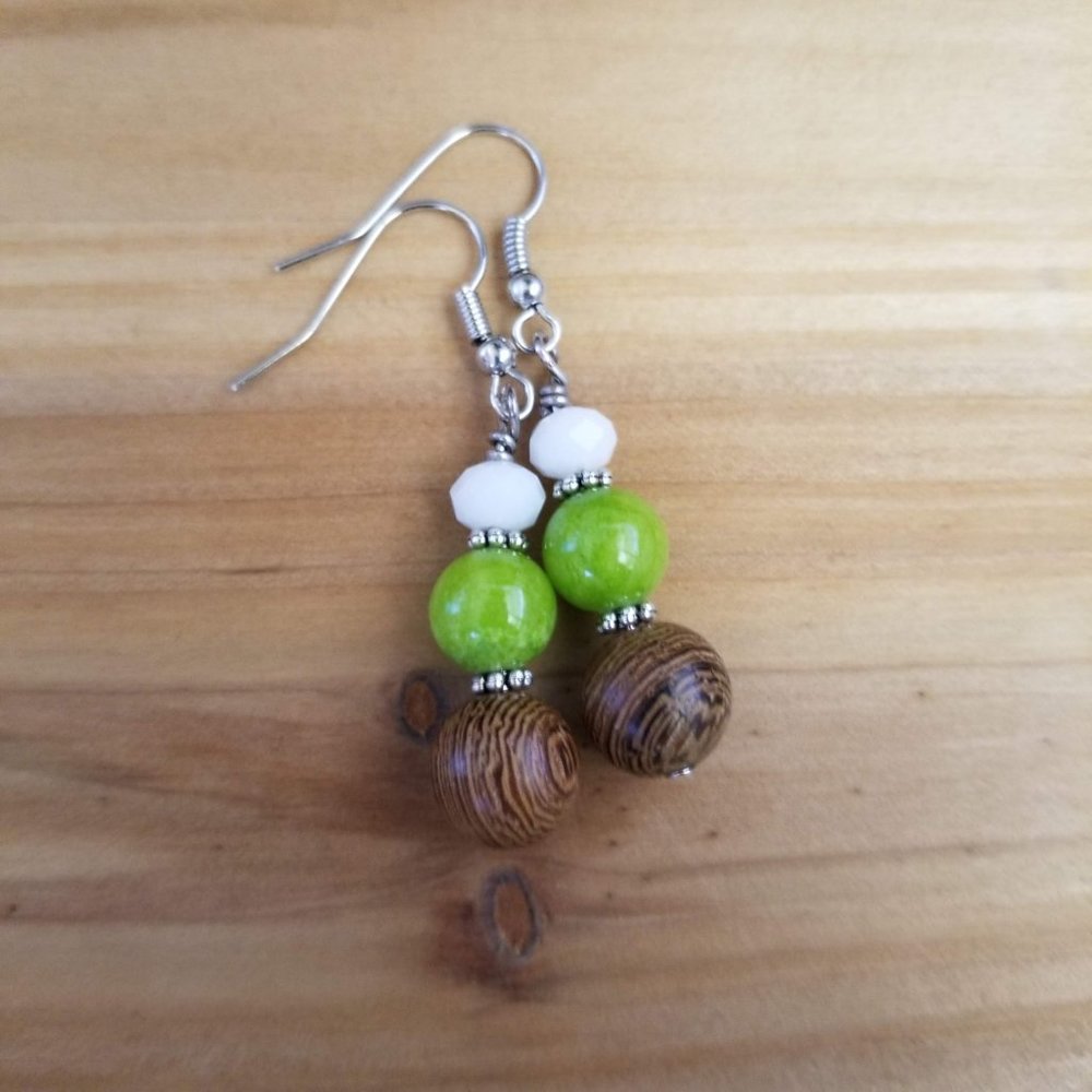 Green Stone and Wood Drop Earrings